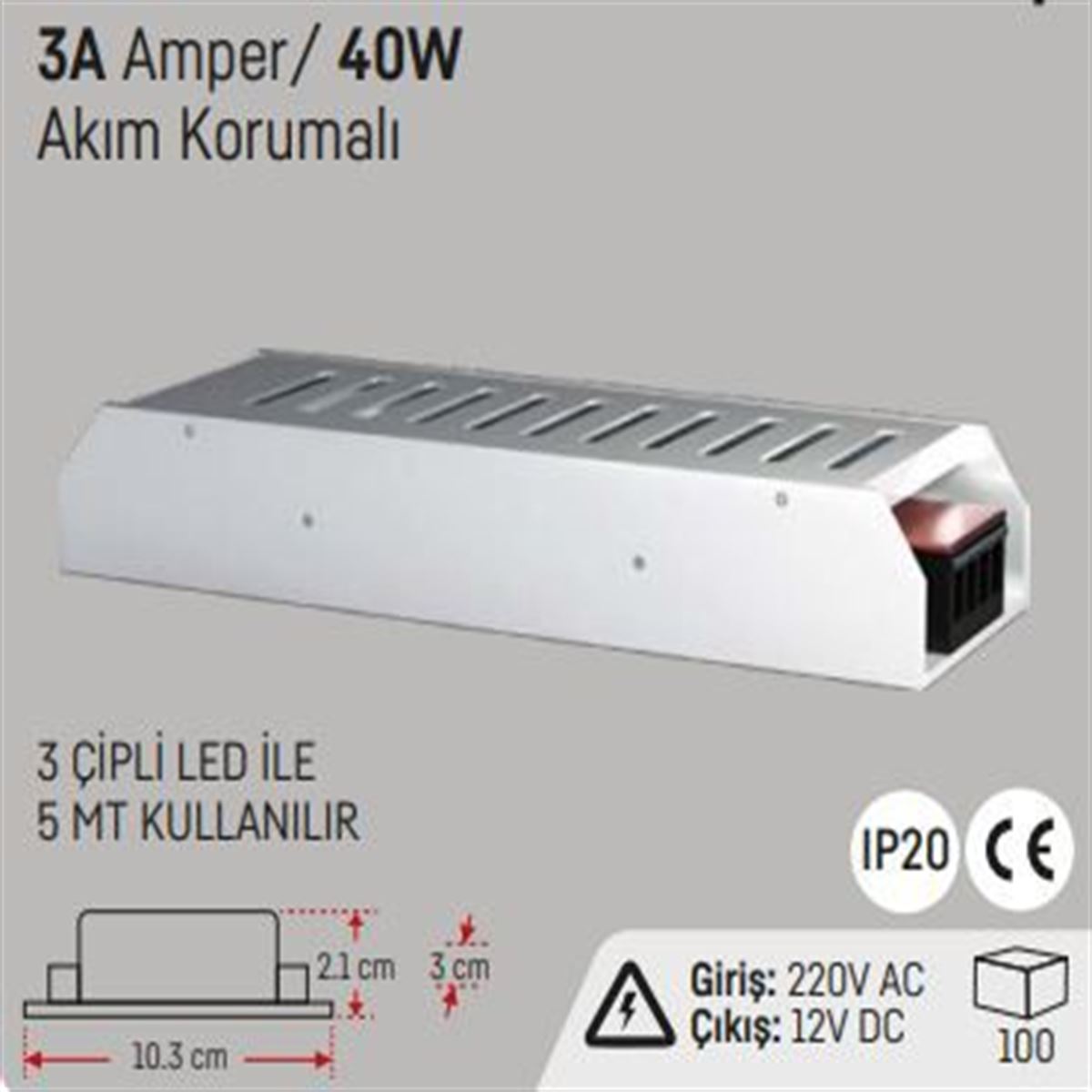 3.3A.40W.SLİM KASA İÇ MEKAN LED TRAFOSU 12V. 1